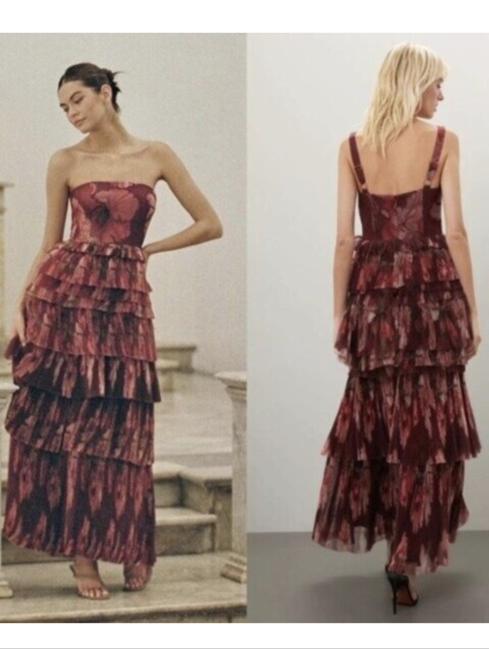 Hutch Sz 12 Burgundy Designer Red Floral Tiered Maxi Skirt Dress Tulle